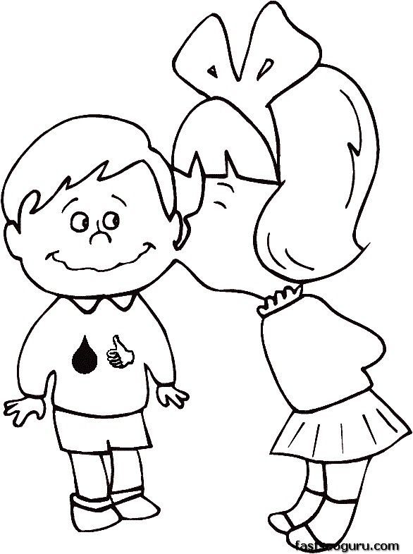Printable Valentines Day Girl kissing boy coloring pages